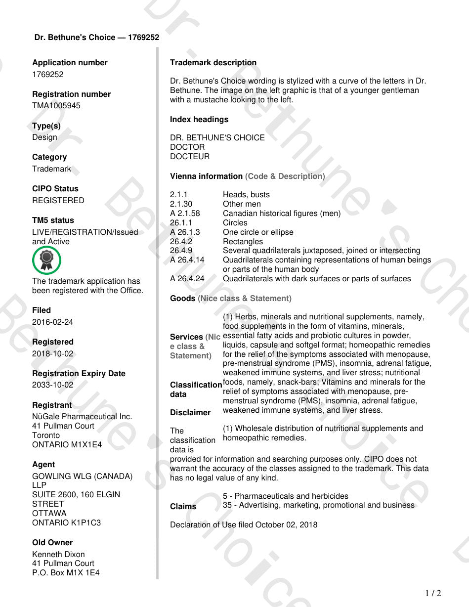 Canadian trademark register extract for Dr. Bethune's Choice
